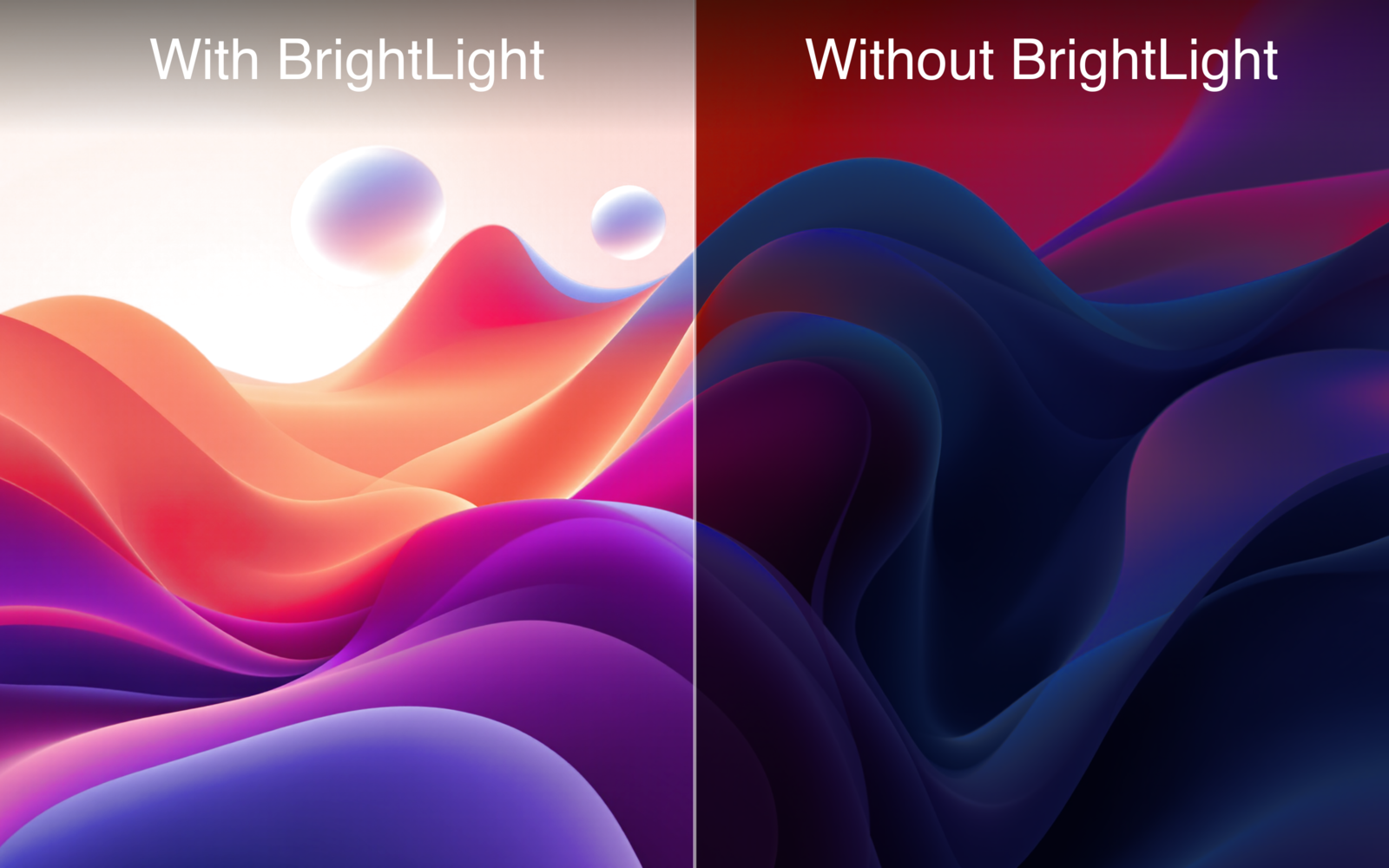 A wallpaper shown with BrightLight (bright) and without it (dim)