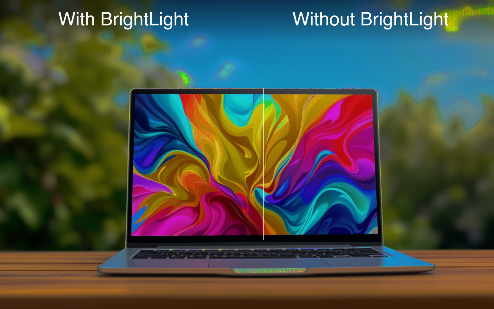 A MacBook with a vivid, clearly readable screen outdoors in sunlight